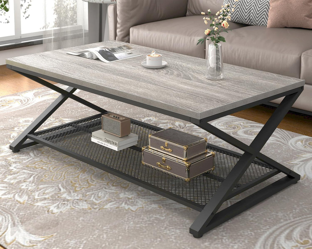 LVB Rustic Coffee Table with Storage, Industrial Wood Metal 2 Tier Center Living Room Table with Mesh Shelf, Farmhouse Wooden Low Rectangle Cocktail Tea Table for Office Bedroom, 47 inch, Rustic Brown