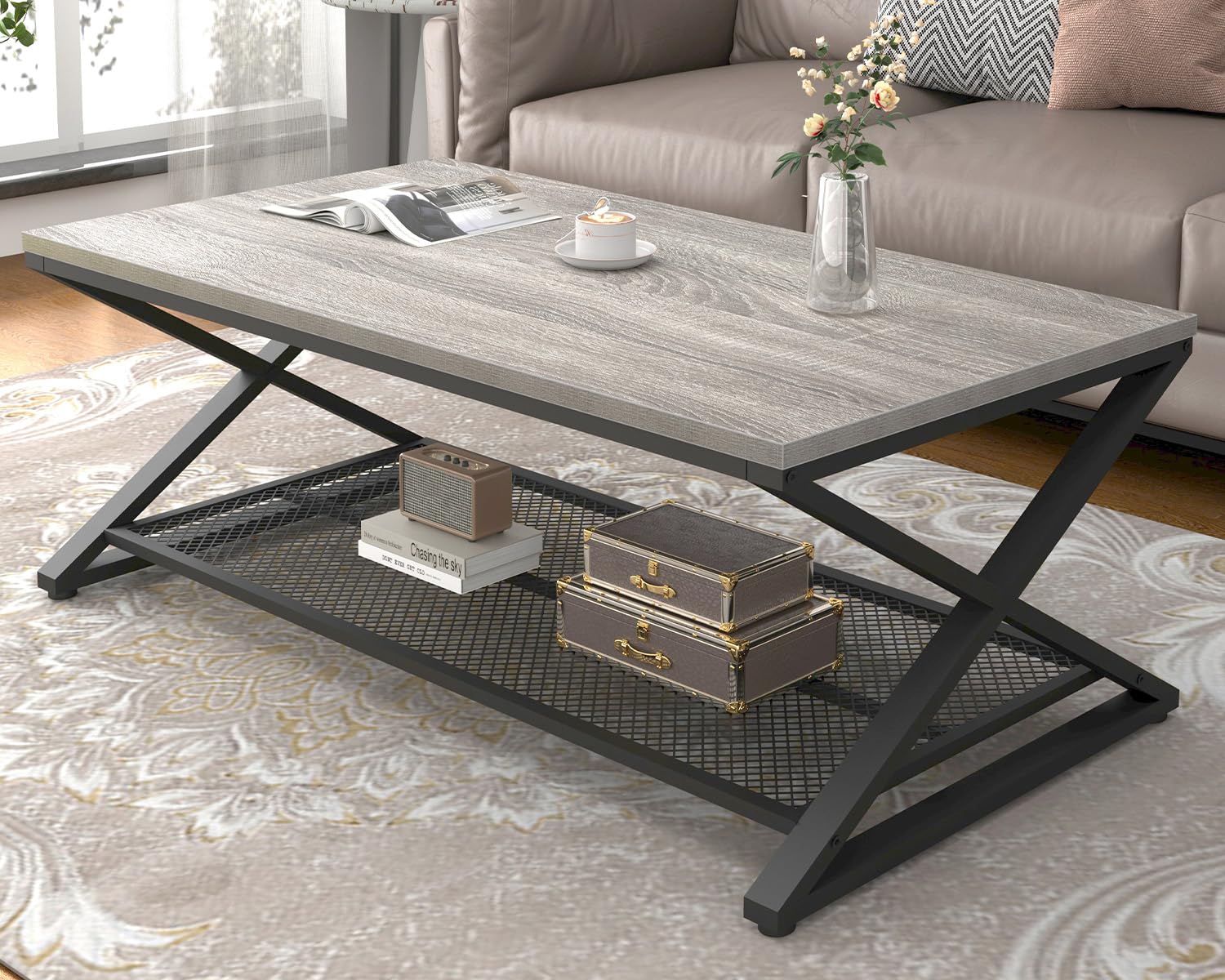 LVB Rustic Coffee Table with Storage, Industrial Wood Metal 2 Tier Center Living Room Table with Mesh Shelf, Farmhouse Wooden Low Rectangle Cocktail Tea Table for Office Bedroom, 47 inch, Rustic Brown