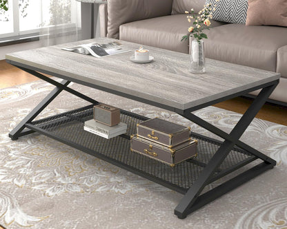 LVB Rustic Coffee Table with Storage, Industrial Wood Metal 2 Tier Center Living Room Table with Mesh Shelf, Farmhouse Wooden Low Rectangle Cocktail Tea Table for Office Bedroom, 47 inch, Rustic Brown