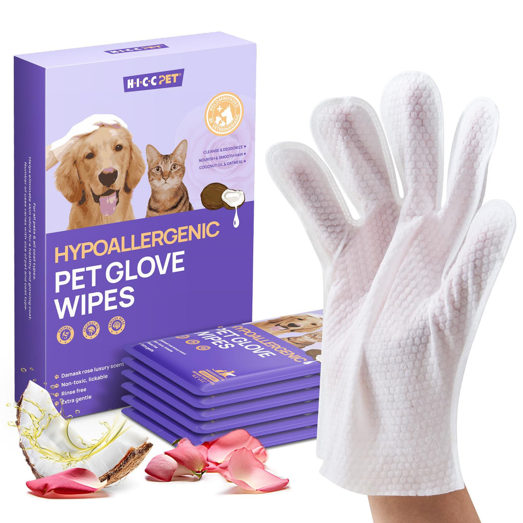 HICC PET Dog Wipes Cleaning Deodorizing Glove Wipes for Dogs, Cats & Horses, Vet Recommended Hypoallergenic Hydrating & Nourishing Pet Wipes for Eyes, Ears, Butt & Paws, No-Rinse, 6pcs Coconut Scent