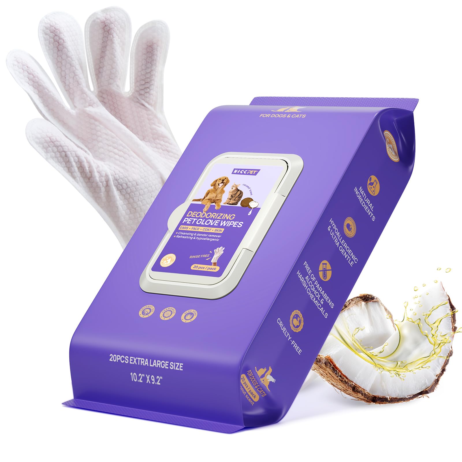 HICC PET Dog Wipes Cleaning Deodorizing Glove Wipes for Dogs, Cats & Horses, Vet Recommended Hypoallergenic Hydrating & Nourishing Pet Wipes for Eyes, Ears, Butt & Paws, No-Rinse, 6pcs Coconut Scent