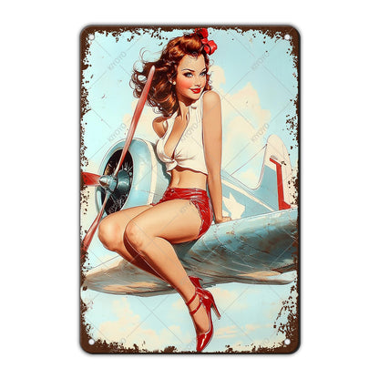 50s Pin up Girl Fishing Metal Tin Sign Open Fly Season Wall Decor Home Angler Cafes Lake House Seascape 12x8 Inch