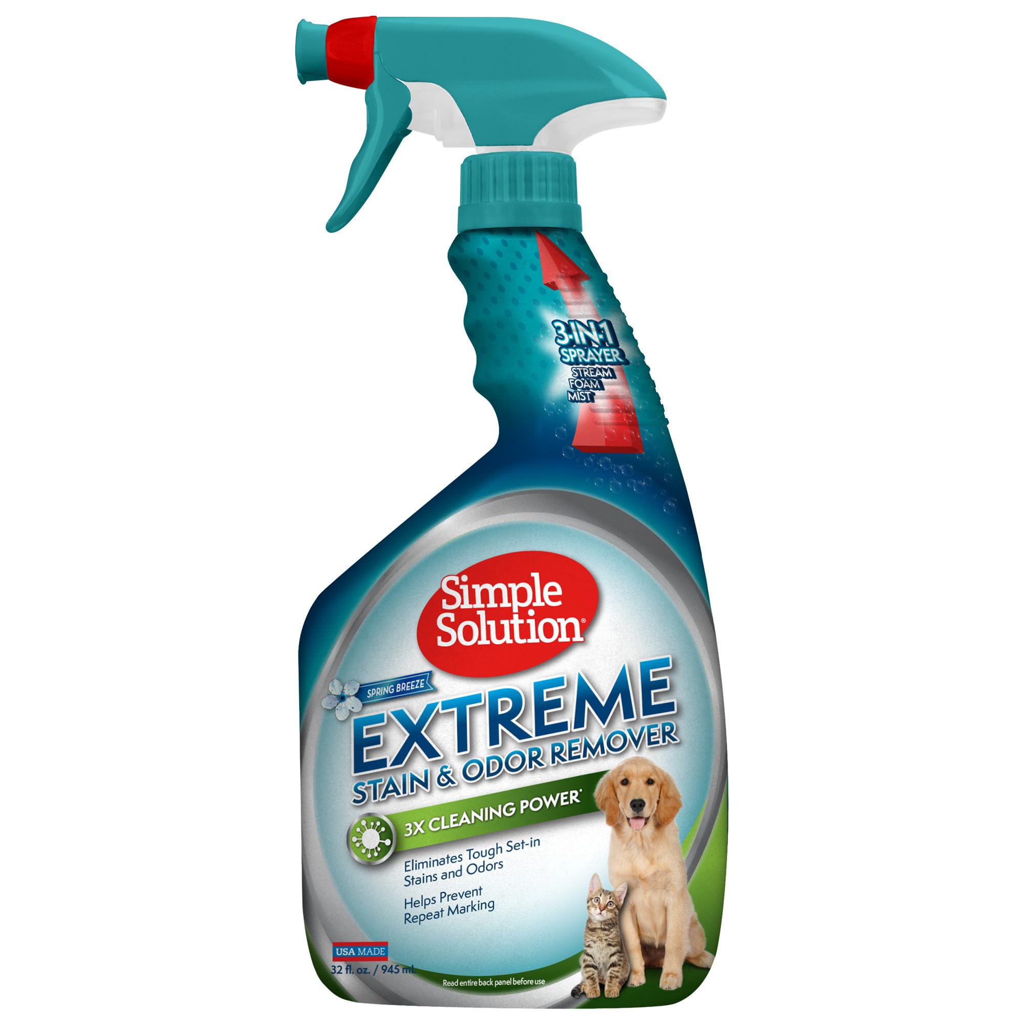 Simple Solution Extreme Pet Stain and Odor Eliminator Spray, Pee Stain Remover, Enzyme Cleaner, 3X Pro-Bacteria Cleaning Power, Dog Odor Remover, 32 oz