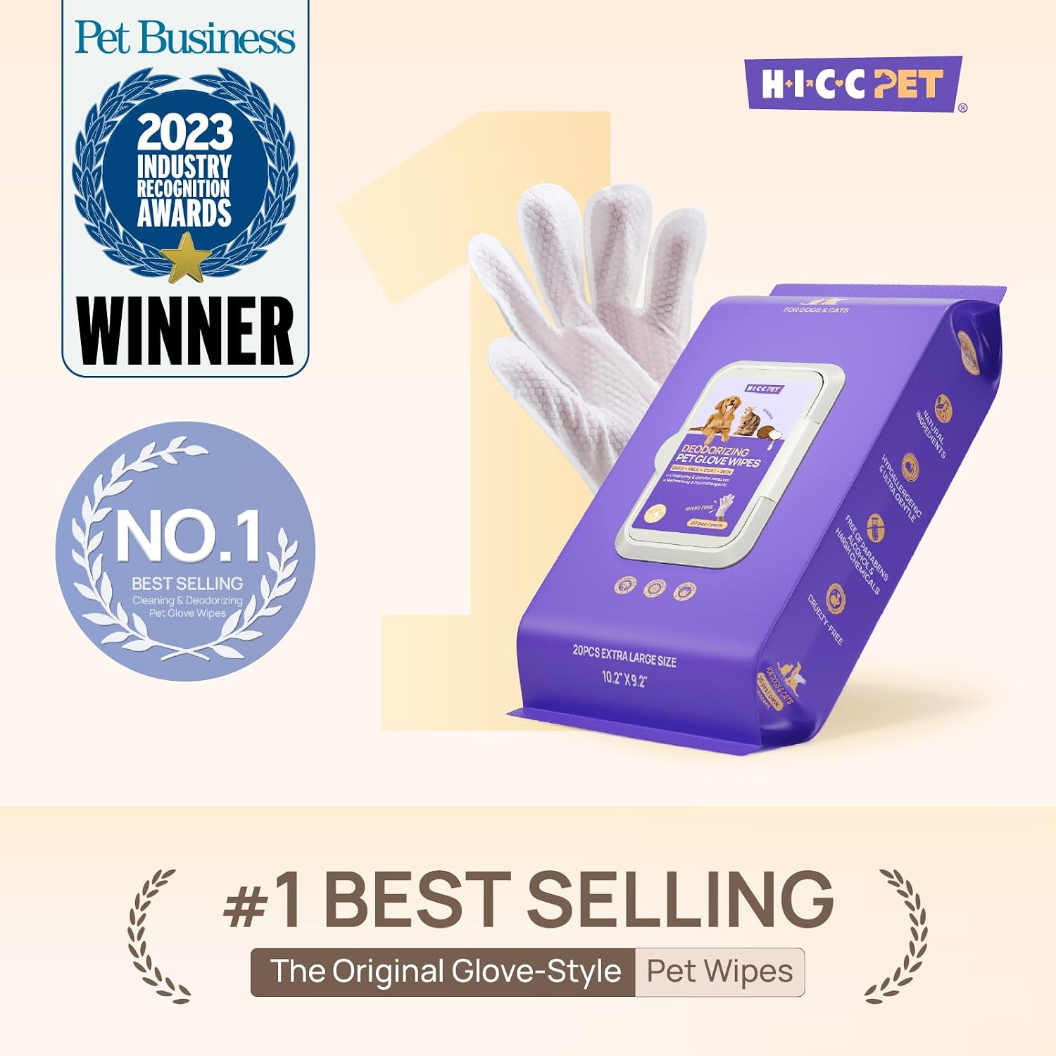 HICC PET Dog Wipes Cleaning Deodorizing Glove Wipes for Dogs, Cats & Horses, Vet Recommended Hypoallergenic Hydrating & Nourishing Pet Wipes for Eyes, Ears, Butt & Paws, No-Rinse, 6pcs Coconut Scent