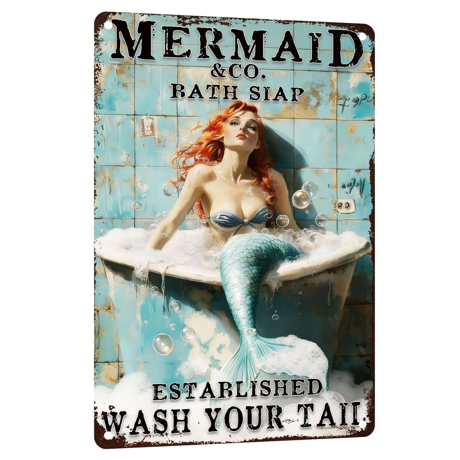 Mermaid Metal Tin Sign Vintage Mermaid Bathroom Decor Wall Art Rustic Funny Bathroom Sign for Home Restroom Washroom Decor 8x12 Inch