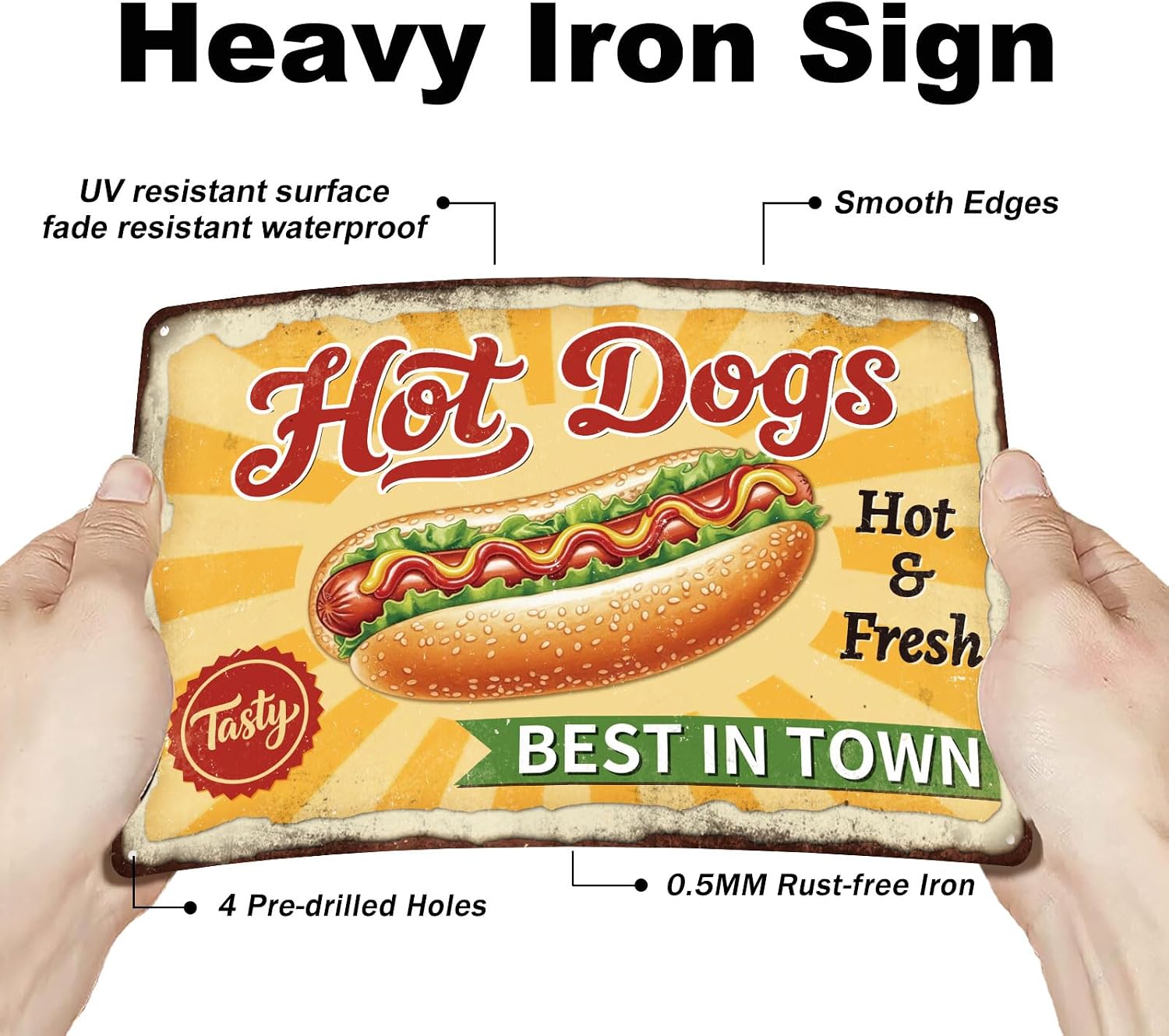 GLOBLELAND Hot Dog Fast Food Metal Tin Sign 8x12inch "Best In Town" Vintage Painting Tin Sign Wall Poster Plaque for Kitchen Breakfast Dining Room Café Brunch Culinary Room