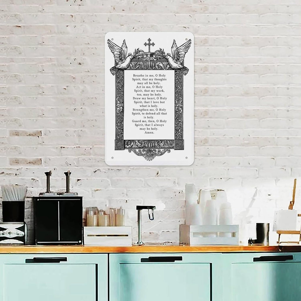 Catholic Saint Augustine Holy Spirit Prayer Metal Tin Sign Poster 12x8 Inch Black White Ornate Frame Dove Cross Wall Decor For Church Office Study Bedroom Faith Gift