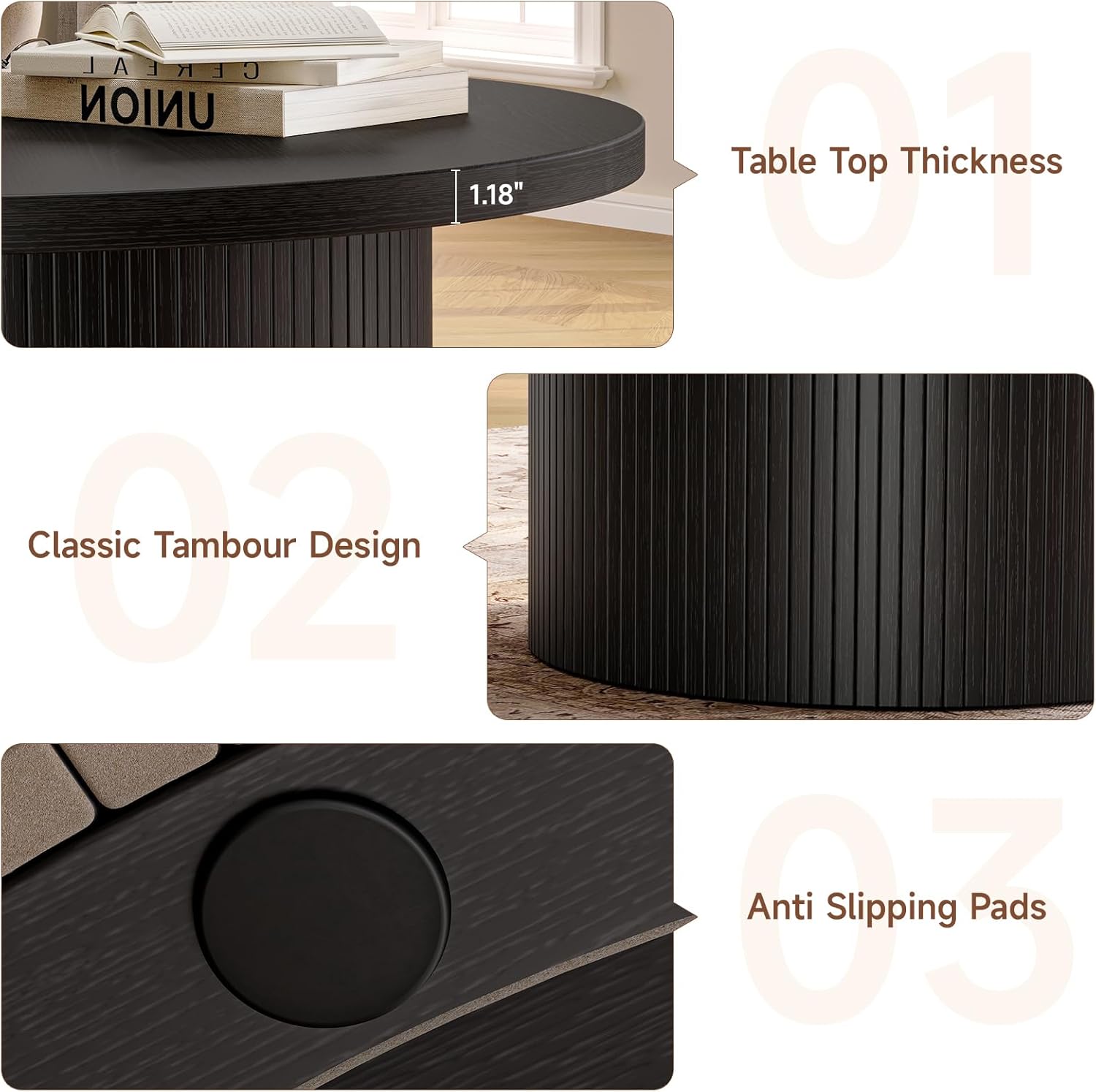 ONBRILL 31.5" Round Coffee Table, Tambour Design Coffee Tables for Living Room, Mid Century Modern Wood Coffee Table, Drum Accent Small Center Table, Black