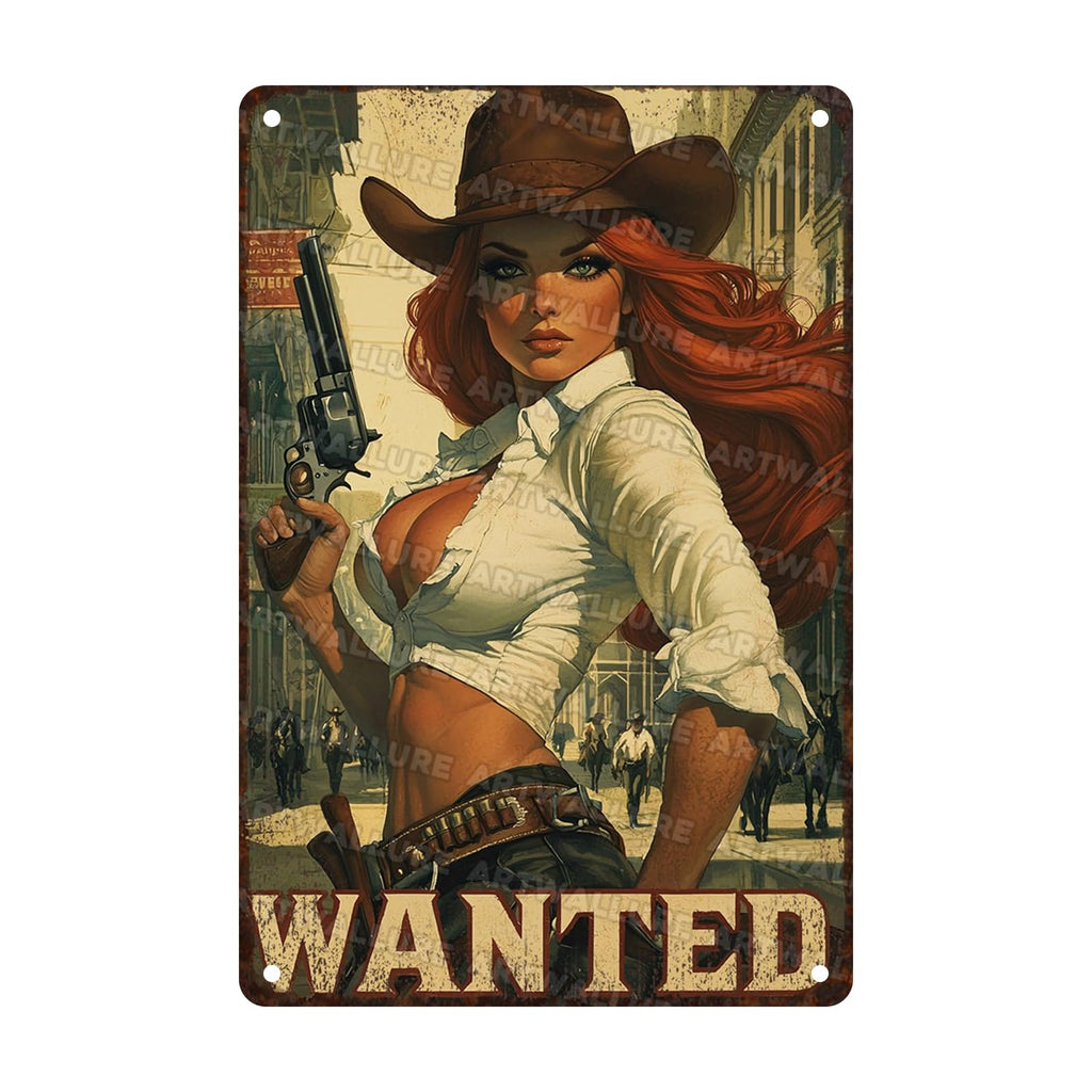 Retro Cowgirl Tin Sign Metal Wall Art Rustic Western Home Decor Wanted Theme 8x12inch