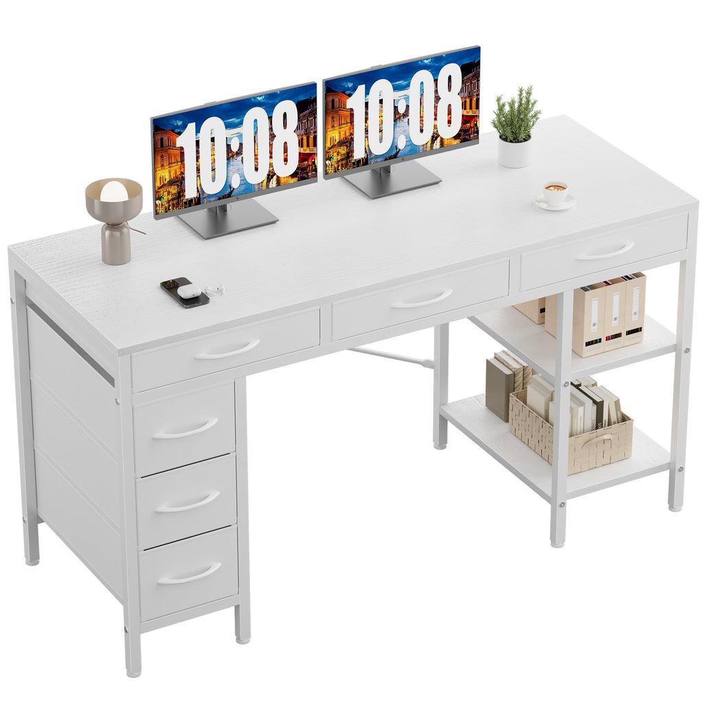 Sweetcrispy 47" Computer Desk with 6 Drawers, Home Office Gaming Desks with Storage Shelves for Bedroom, Writing Study Corner Living Room Work Table White