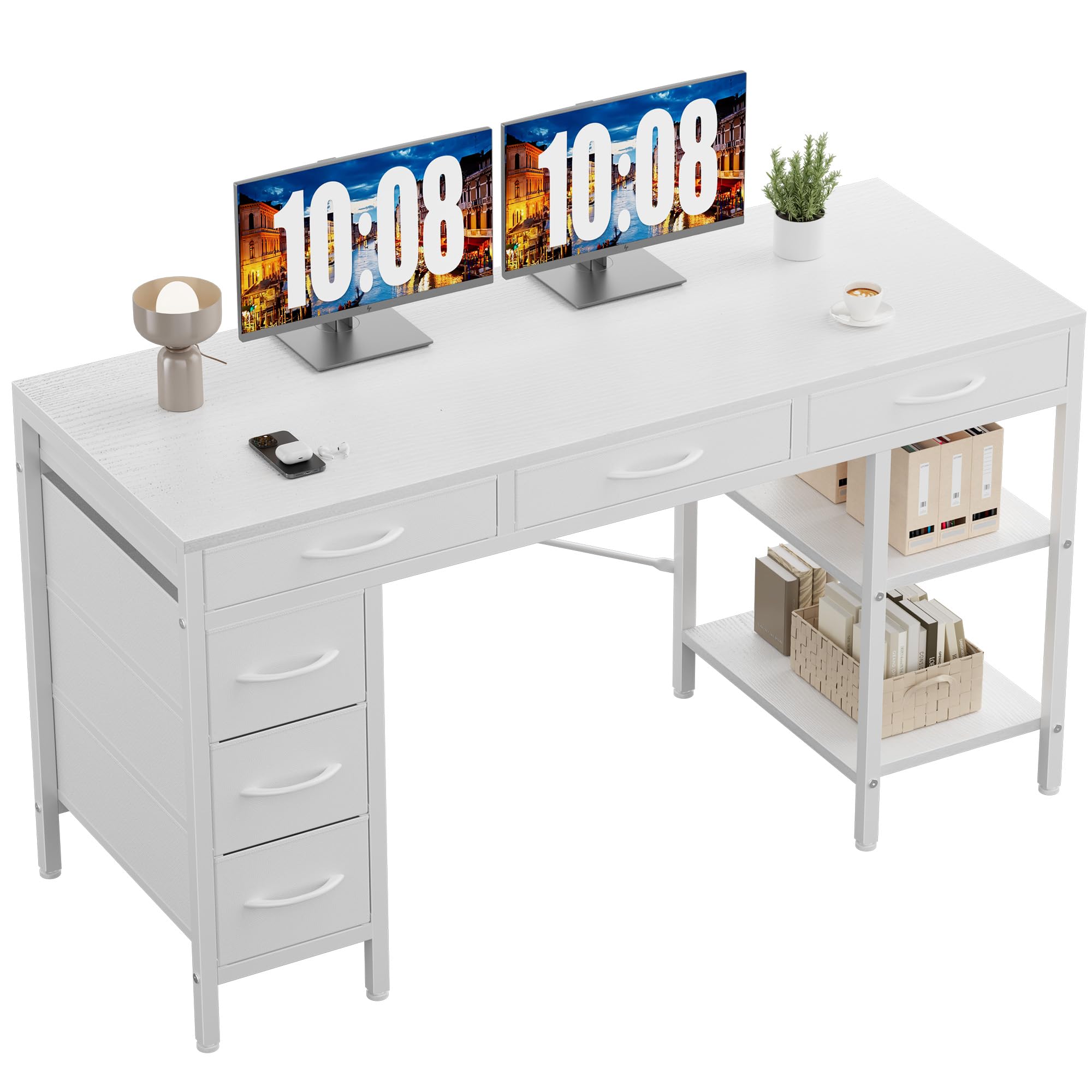 Sweetcrispy 47" Computer Desk with 6 Drawers, Home Office Gaming Desks with Storage Shelves for Bedroom, Writing Study Corner Living Room Work Table White