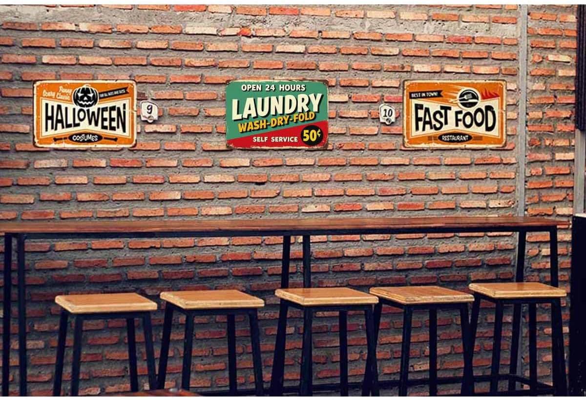 AOYEGO Laundry Tin Sign,Self Service Wash Dry Fold Vintage Metal Tin Signs for Cafes Bars Pubs Shop Wall Decorative Funny Retro Signs for Men Women 8x12 Inch