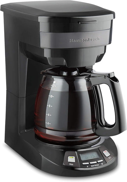 Hamilton Beach 12 Cup Programmable Drip Coffee Maker Machine, Regular & Bold Brew Options, Auto Pause and Pour, Glass Carafe, Black with Stainless Accents (46299J)