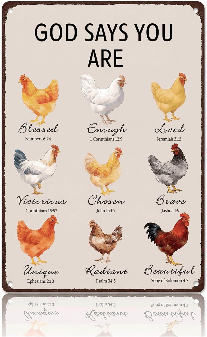Christian Chicken Tin Sign Bible Verse 8x12 Inch, Watercolor Rooster “God Says You Are” Metal Wall Decor, Religious Encouragement Gift for Farmhouse, Kitchen, Garden, Coop and Chicken Lovers