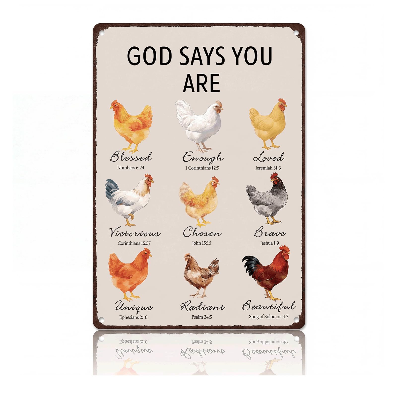 Christian Chicken Tin Sign Bible Verse 8x12 Inch, Watercolor Rooster “God Says You Are” Metal Wall Decor, Religious Encouragement Gift for Farmhouse, Kitchen, Garden, Coop and Chicken Lovers