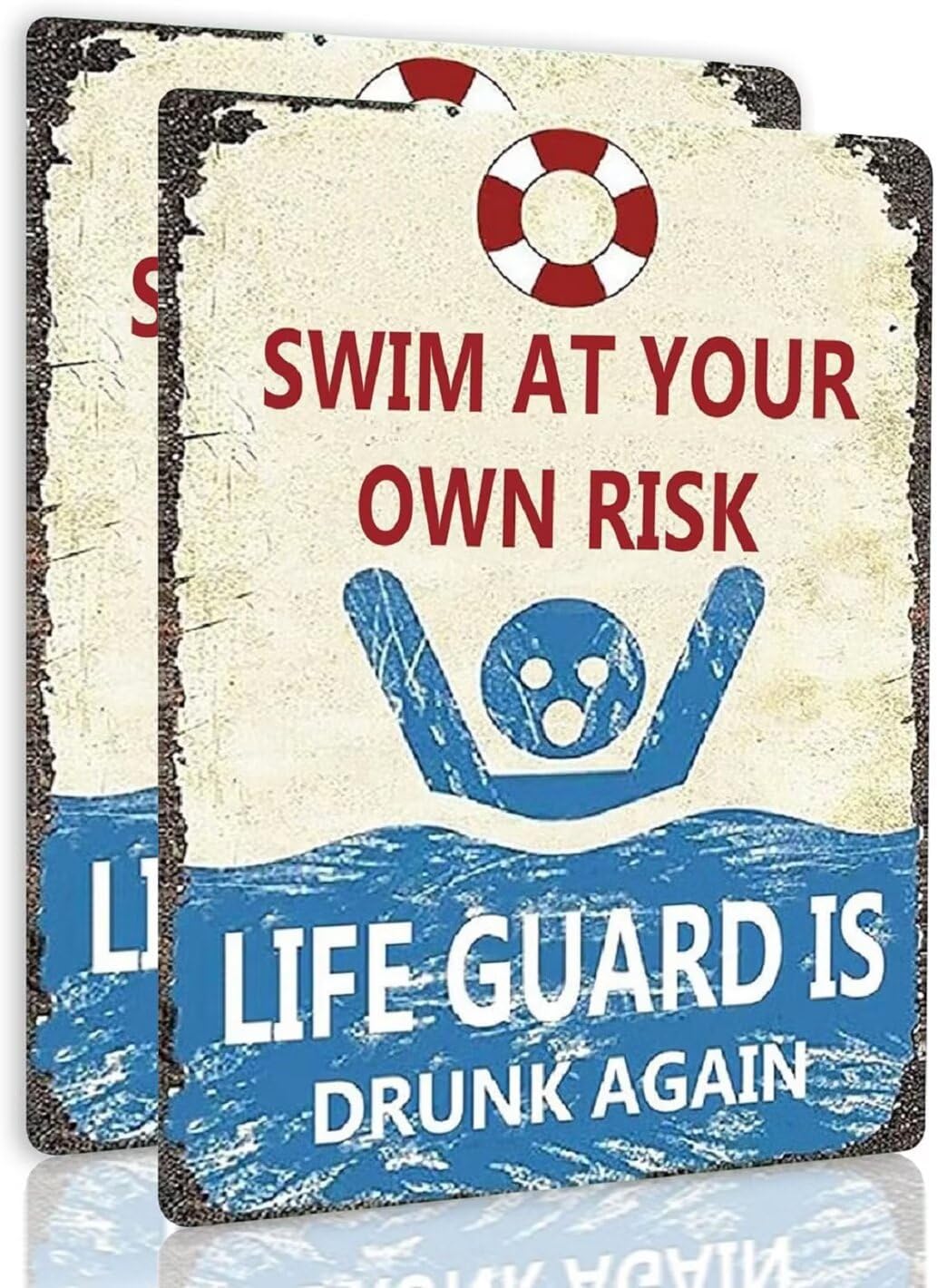 Cuorung Man Cave Decor 2pcs Vintage Tin Metal Sign Swim At Your Own Risk Lifeguard Is Drunk Again Funny Pool Posters For Garage Shop Bar Pub Wall Ation Indoor/outdoor 12x8 Inch Signs, White and Blue