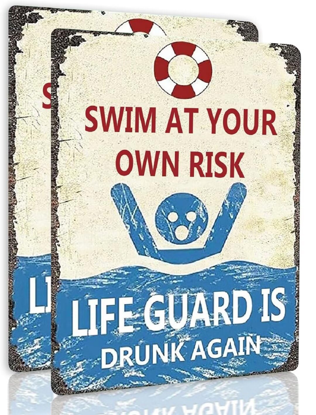 Cuorung Man Cave Decor 2pcs Vintage Tin Metal Sign Swim At Your Own Risk Lifeguard Is Drunk Again Funny Pool Posters For Garage Shop Bar Pub Wall Ation Indoor/outdoor 12x8 Inch Signs, White and Blue