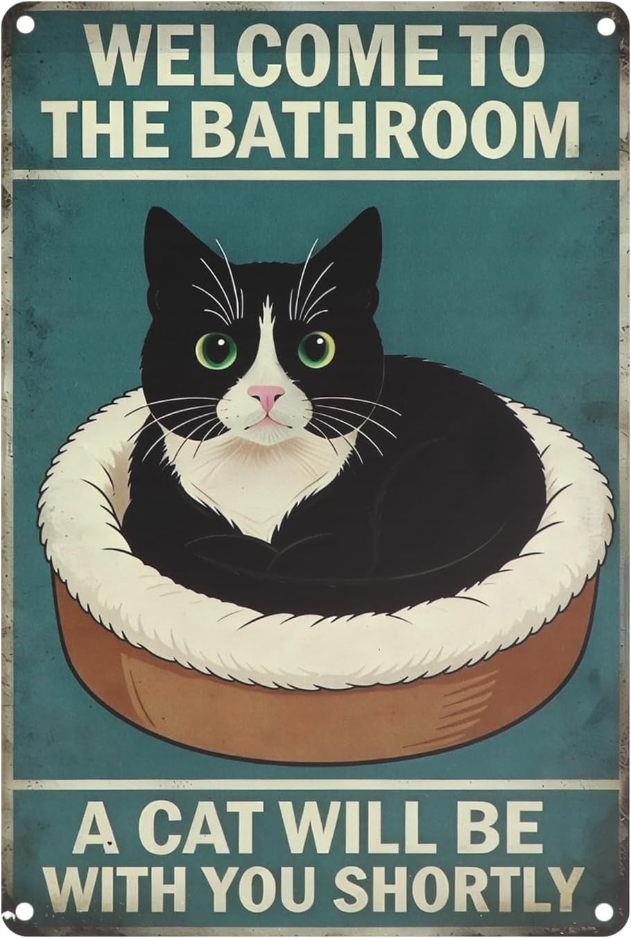 8 x 12 in Funny Cat Bathroom Sign, Vintage Aluminum Metal Tin Sign Style Wall Art Featuring "Welcome to the Bathroom, A Cat Will Be with You Shortly", Wall Decor for Bathroom and Laundry Room