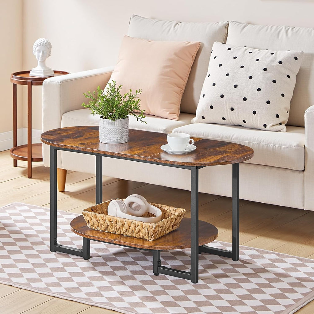 Coffee Table for Living Room, Oval Small Coffee Table with 2-Tier Open Storage Shelf, Industrial Cocktail Tea Table, Wooden Desktop Center Table, Farmhouse, Home Office, Rustic Brown BF09KF01