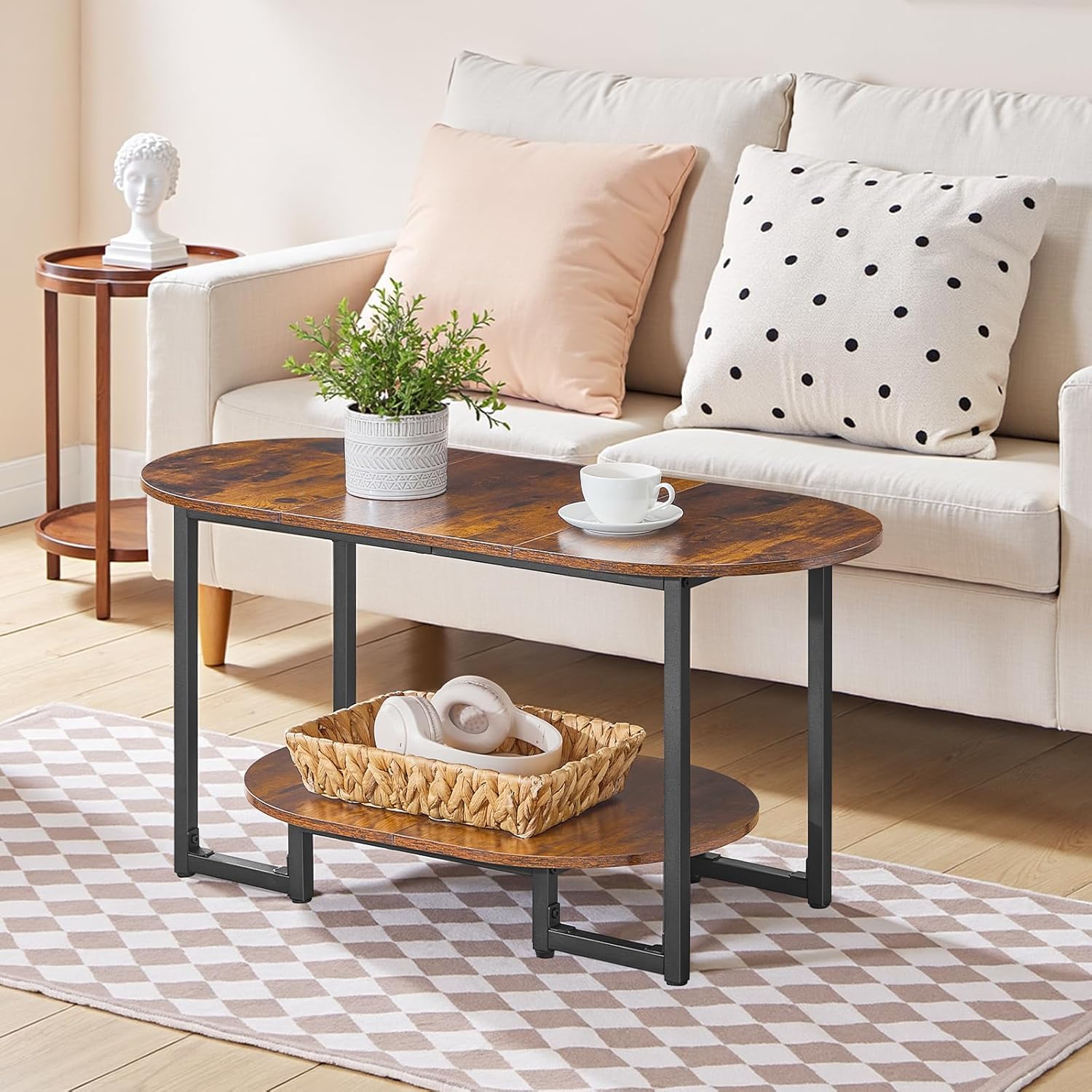 Coffee Table for Living Room, Oval Small Coffee Table with 2-Tier Open Storage Shelf, Industrial Cocktail Tea Table, Wooden Desktop Center Table, Farmhouse, Home Office, Rustic Brown BF09KF01