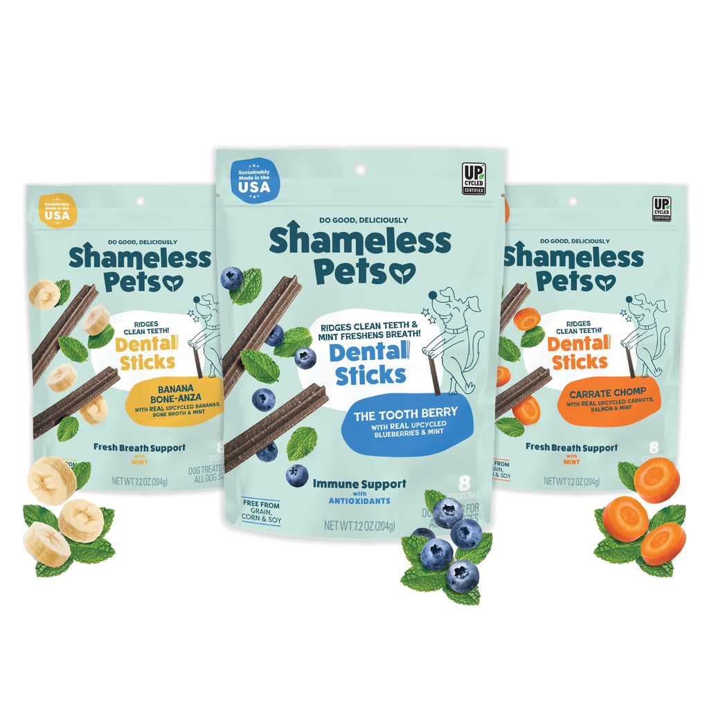 Shameless Pets Blueberry & Mint Dental Chews for Dogs, 8 Chews - Natural Dog Teeth Cleaning Treats with Fresh Breath Benefits | Grain-Free Dental Sticks for Small, Medium & Large Dogs