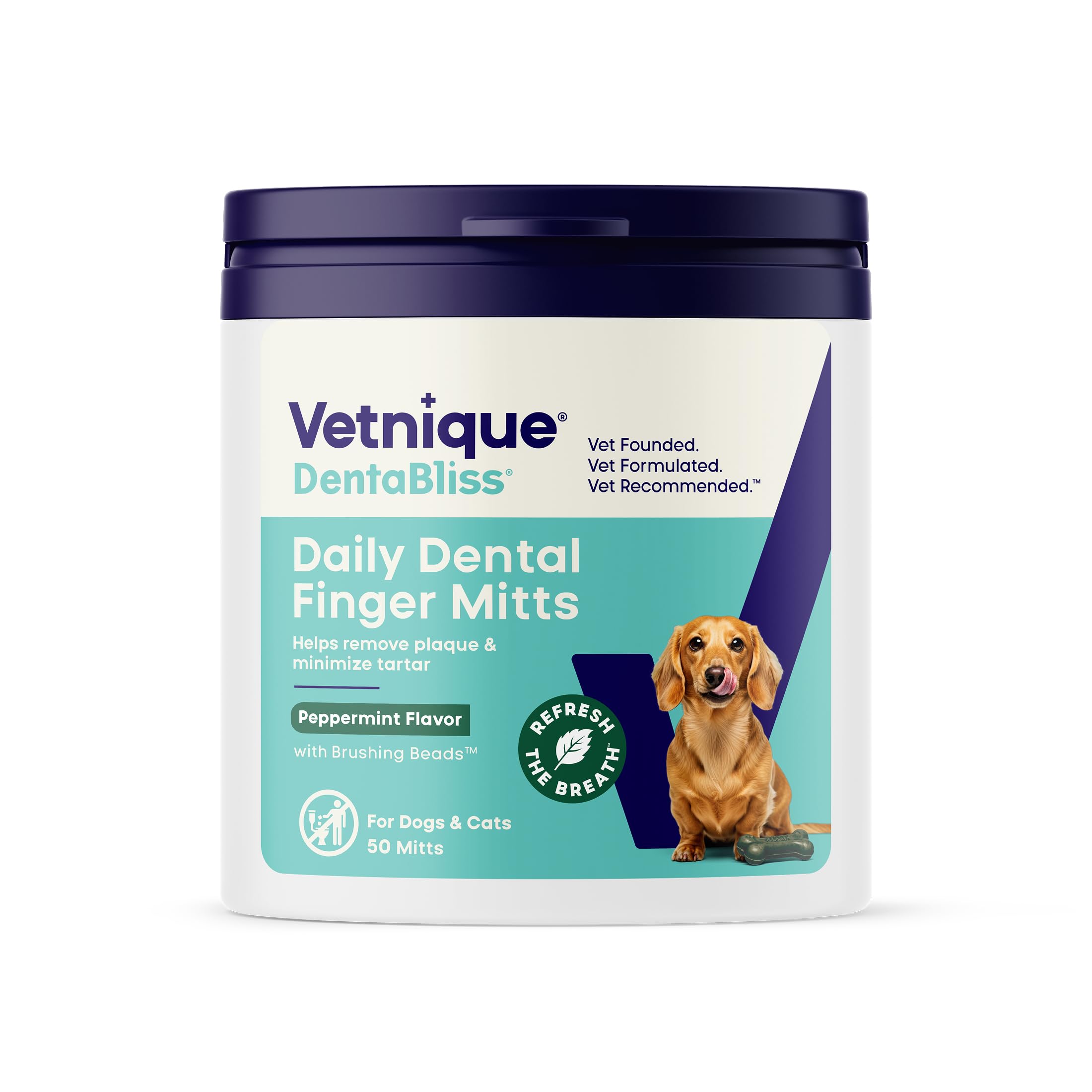 Vetnique Dentabliss Cat & Dog Teeth Cleaning Dental Wipes, Dog Toothbrush Alternative Finger Mitt Pet Wipes, Tartar & Breath Freshener, Vet Formulated Pet Dental Care, 50ct (Peppermint Flavored)