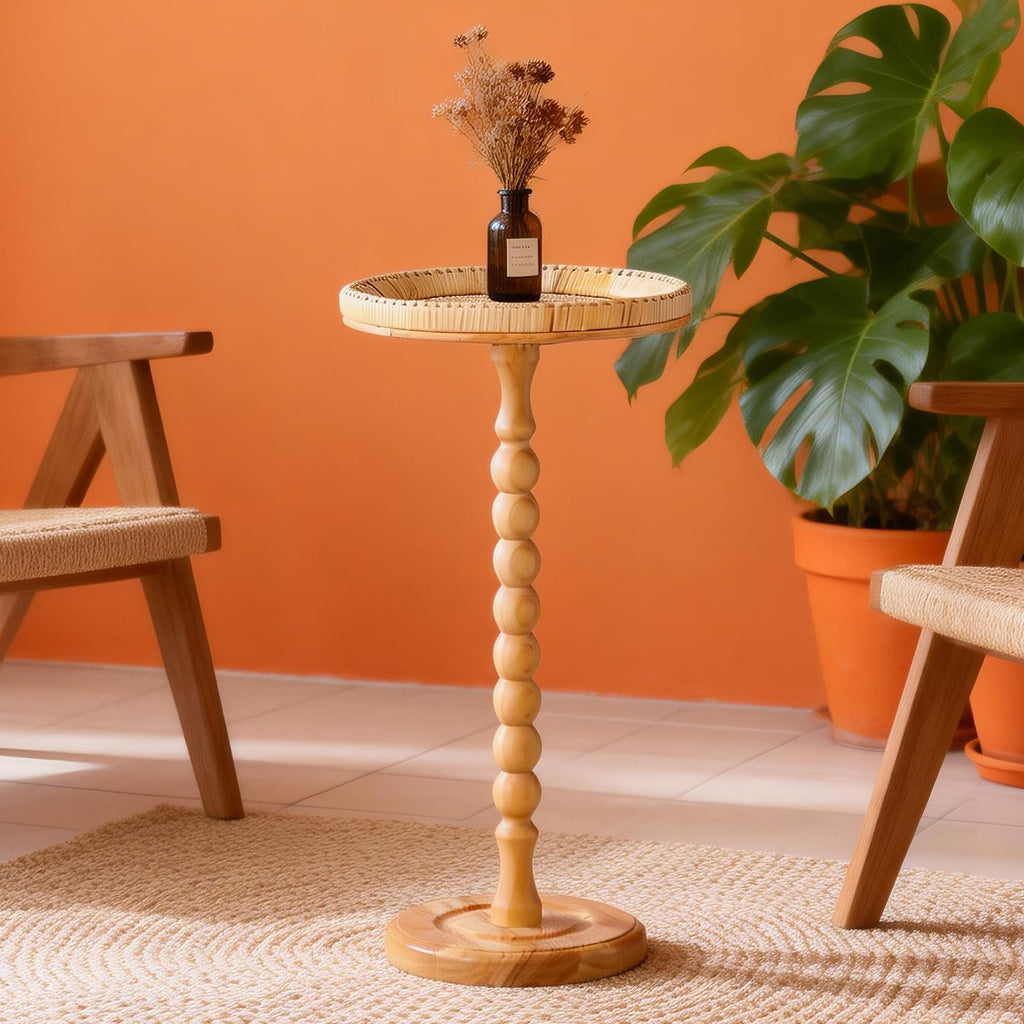 Drink Table，Rattan Round Small Side Table for Small Spaces, Boho Circle End Table Coffee Table with Solid Wood Leg for Living Room, Pedestal Table for Bedroom, Corners