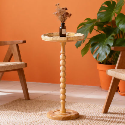 Drink Table，Rattan Round Small Side Table for Small Spaces, Boho Circle End Table Coffee Table with Solid Wood Leg for Living Room, Pedestal Table for Bedroom, Corners