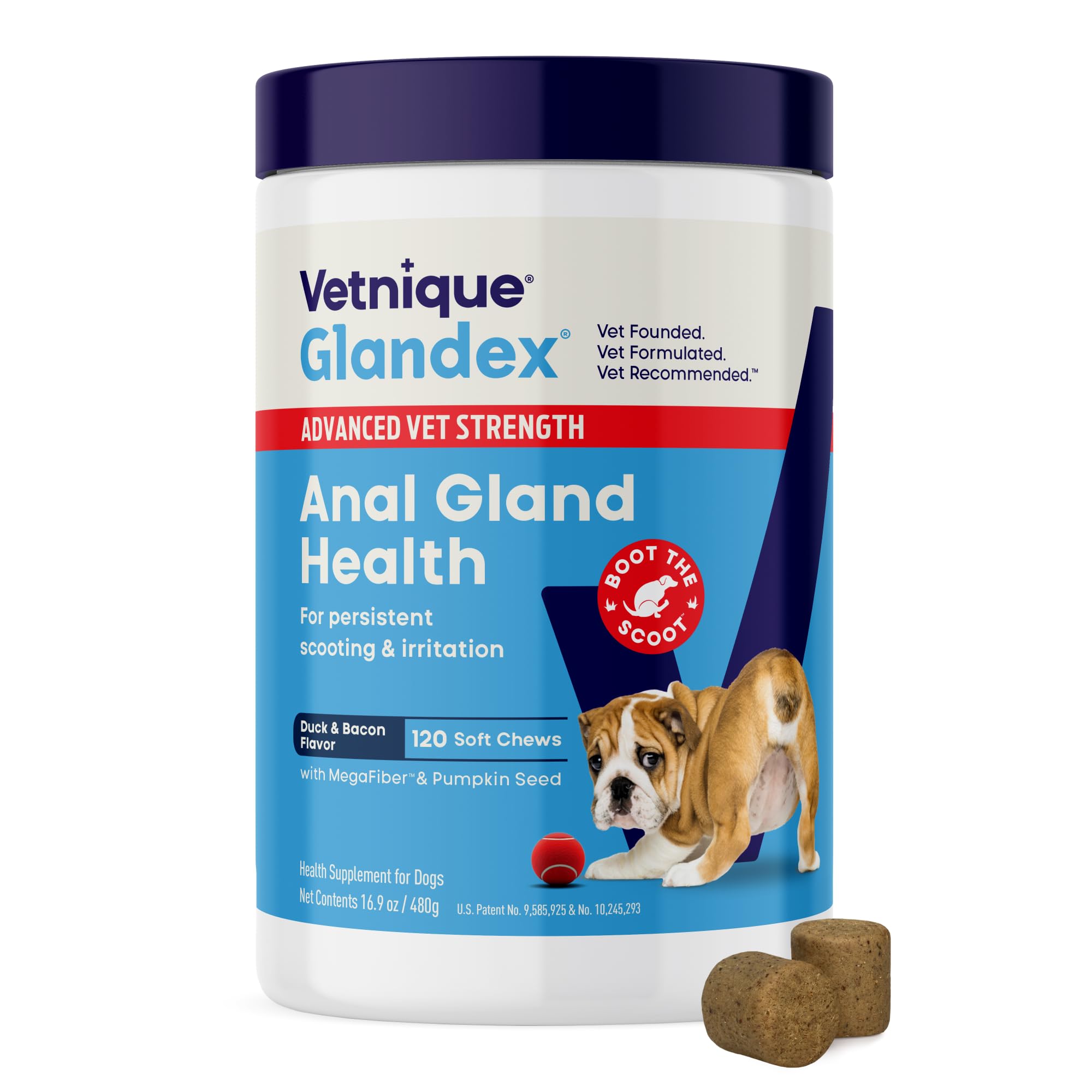 Vetnique Glandex Anal Gland Soft Chew Treats with Pumpkin for Dogs Digestive Enzymes, Probiotics Fiber Supplement for Dogs Boot The Scoot (Advanced Strength Duck/Bacon, 60 Ct)
