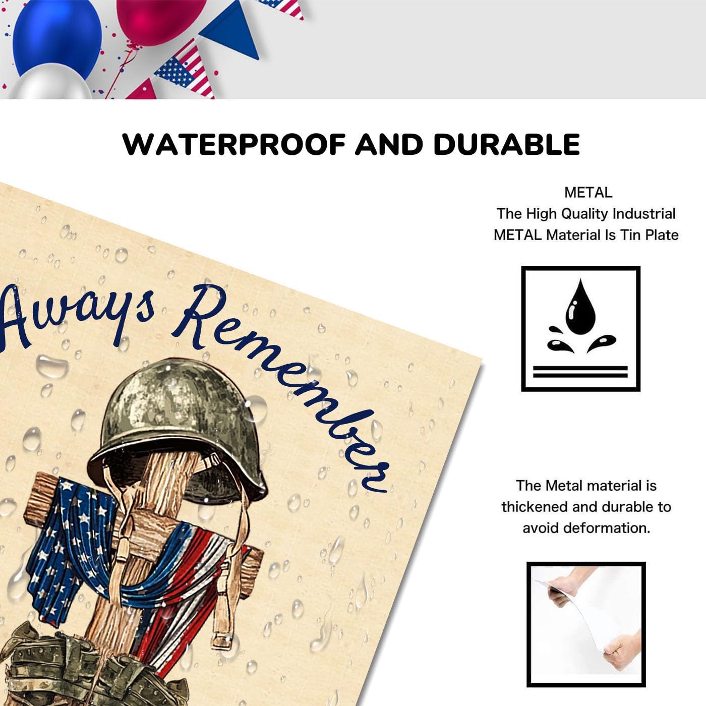 Memorial Days Always Remember Our Heroes, EMOHAT Veteran Poster Decor Metal Tin Sign, Patriotic Home Yard Outdoor Holiday Wall Decor 12x8 Inch