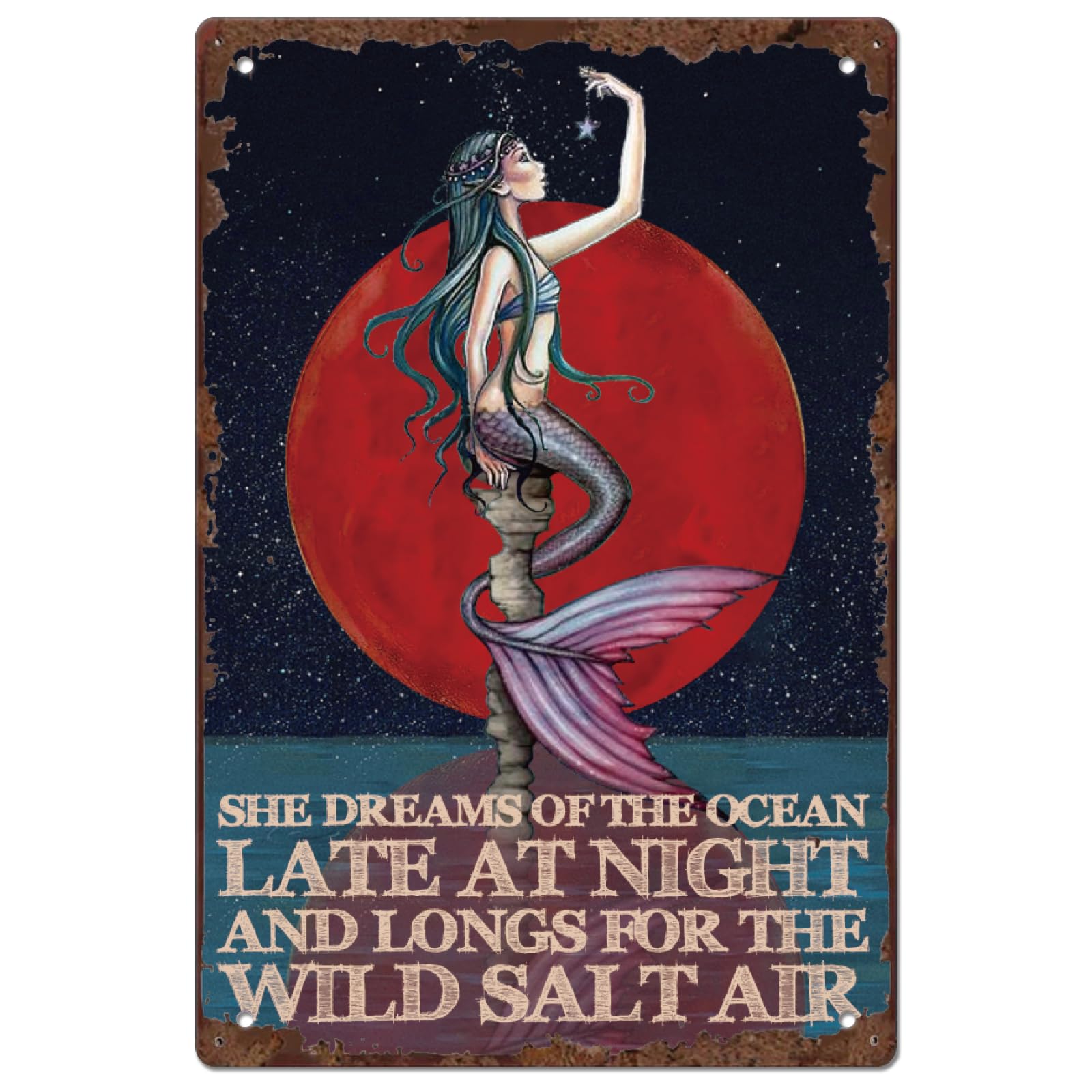 SUPERDANT Surfing Girl Tin Signs Summer Cottage Metal Sign Poster And She Lived Happily Ever After Vintage Wall Art Plaque for Beach Café Cabin Patio Pool Living Room Bedroom Decoration