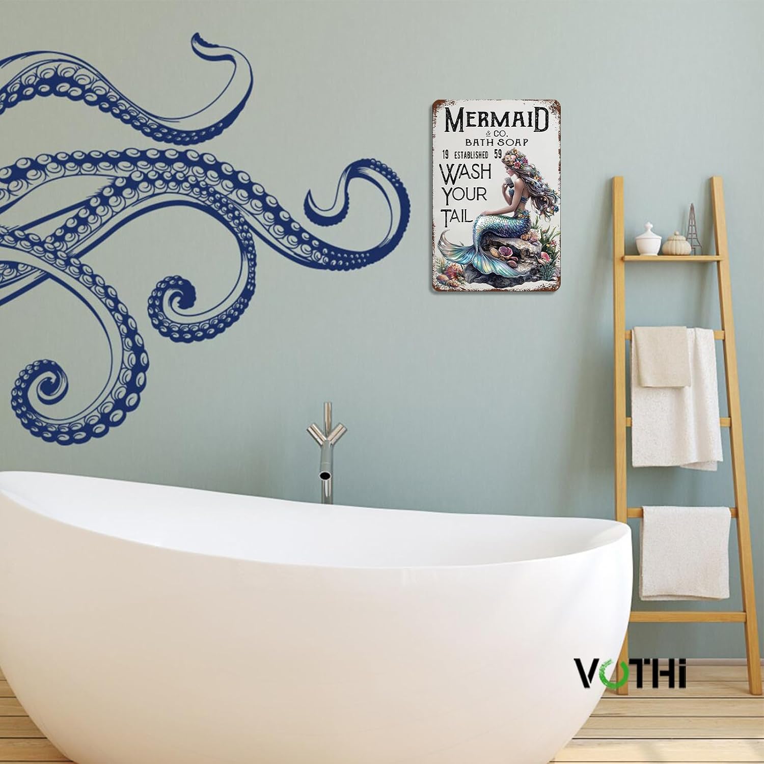 Funny Mermaid Vintage Metal Tin Sign - Sea Inspired Decor for Home & BarsRustic Beach Themed Sign “Mermaid Washes Your Tail” - 8x12 Inch