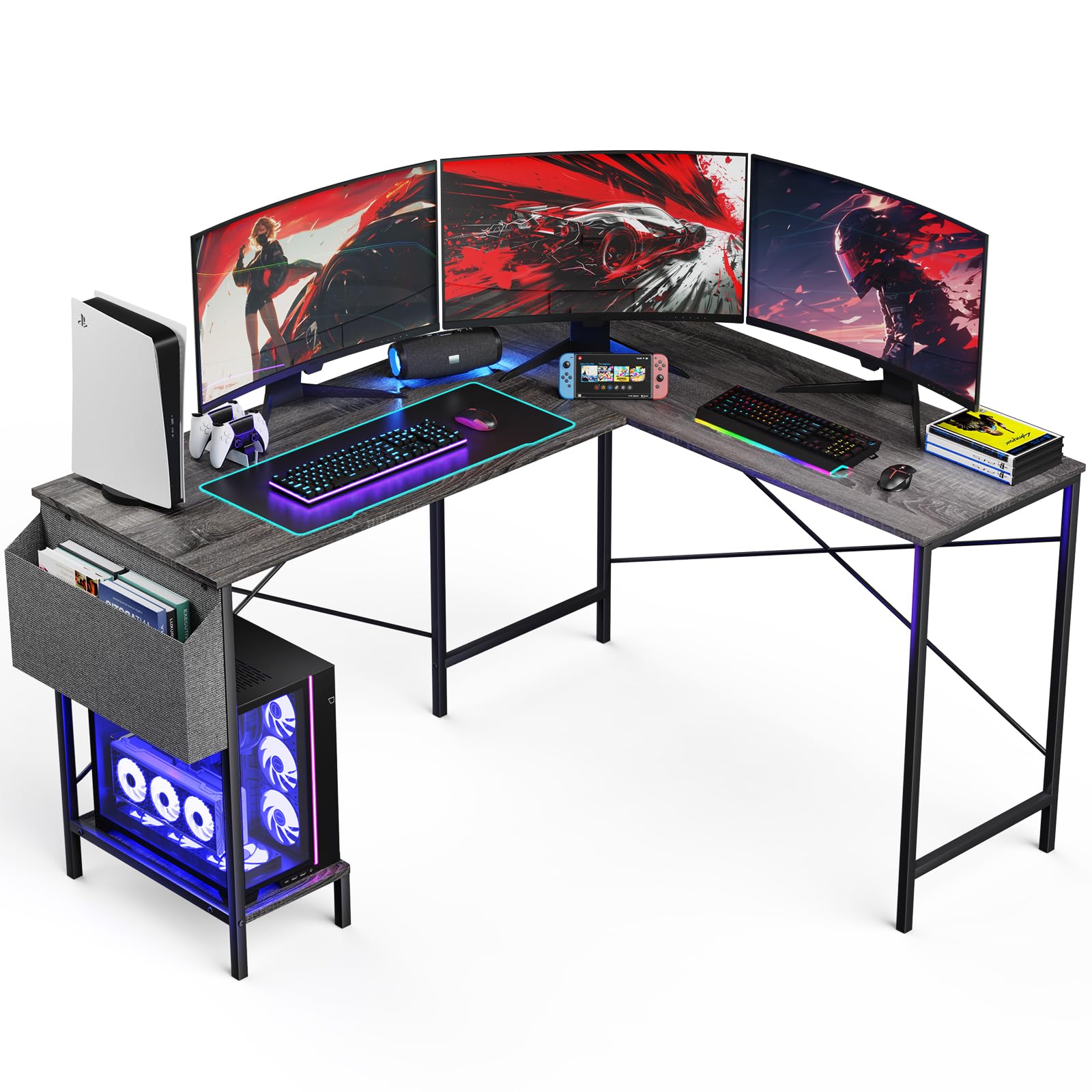 L Shaped Desk - 50" Reversible Home Office Computer Desk, Wood Top, Metal Frame, Side Bag, Sturdy Gaming Desk Corner Table for Work, Writing and Study, Space-Saving