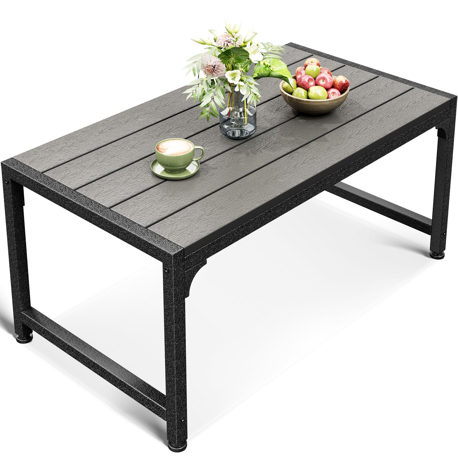 ODK Outdoor Coffee Table with Double-Layer Storage, Rectangle Weather-Resistant Patio Coffee Table for Garden, Balcony, Hot Tub, Poolside, Heavy-Duty Metal Frame, Black