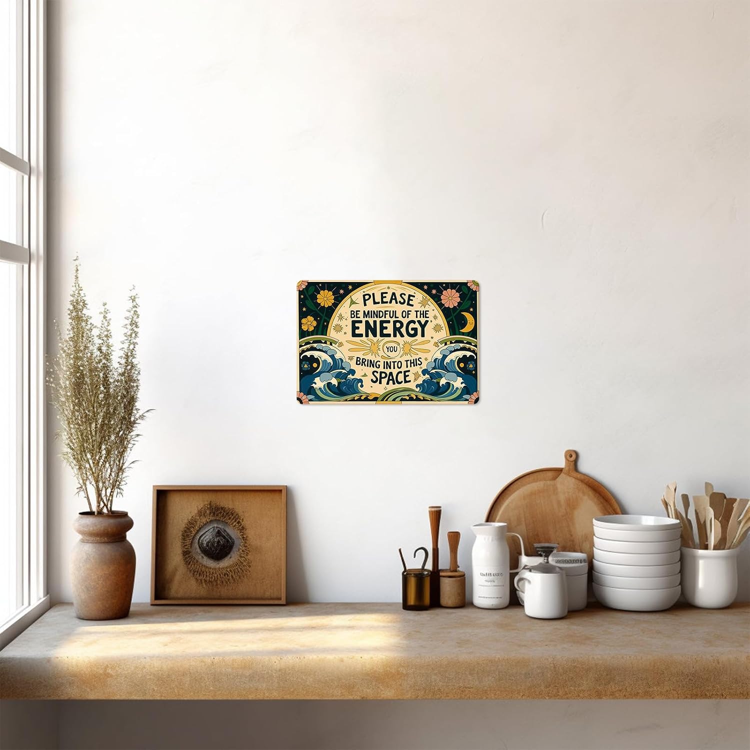 Vintage Tin Signs Metal Retro Wall Art Decor - Please Be Mindful of the Energy You Bring Into This Space, Positive Energy Metal Signs for Home Yoga Cafes, Spiritual Sign Boho Art Aesthetic 8x12 Inch