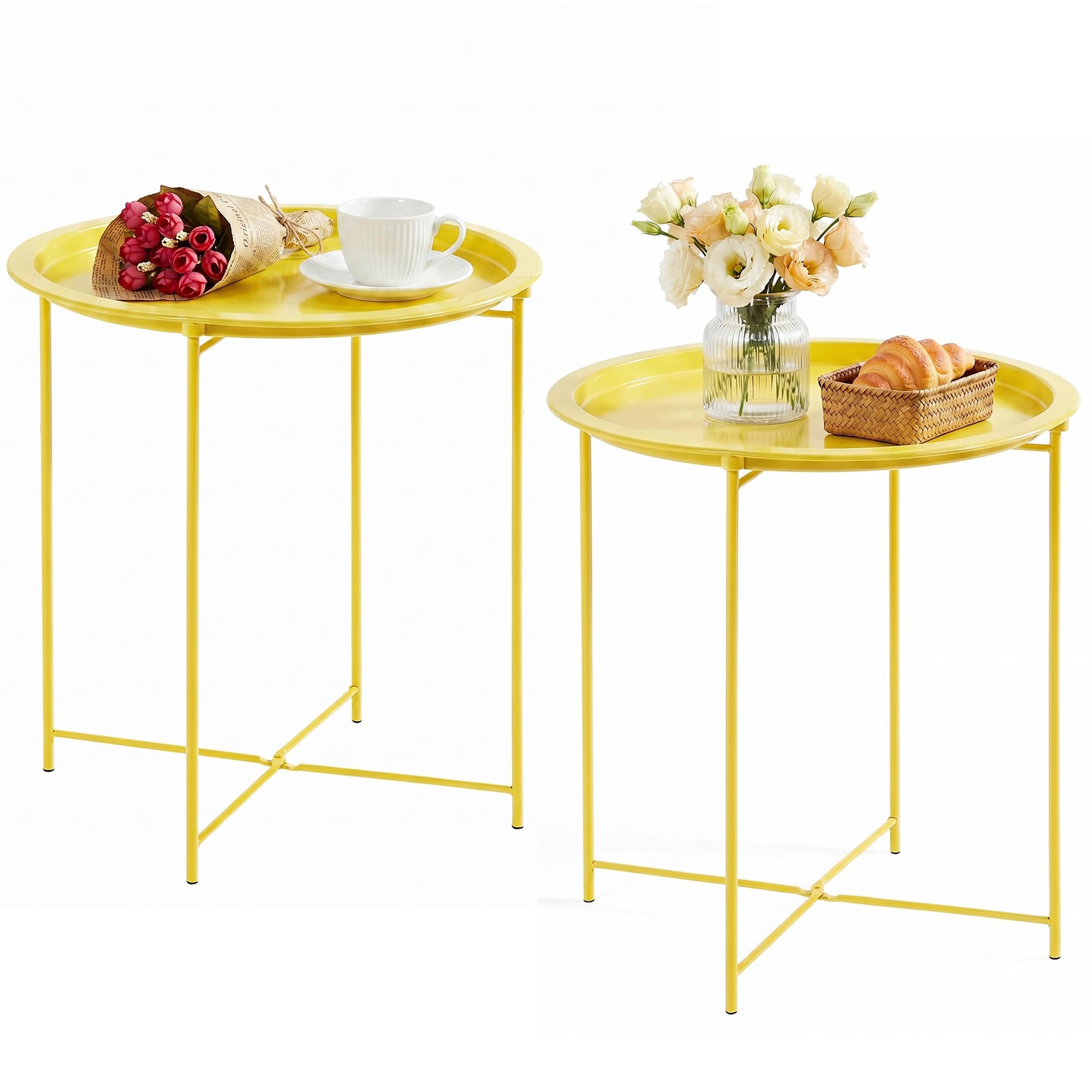VECELO Side/End Table, Folding Round Metal Anti-Rust and Waterproof Outdoor or Indoor Tray for Living Room Bedroom Balcony and Office, 2 PCS, Dark Green