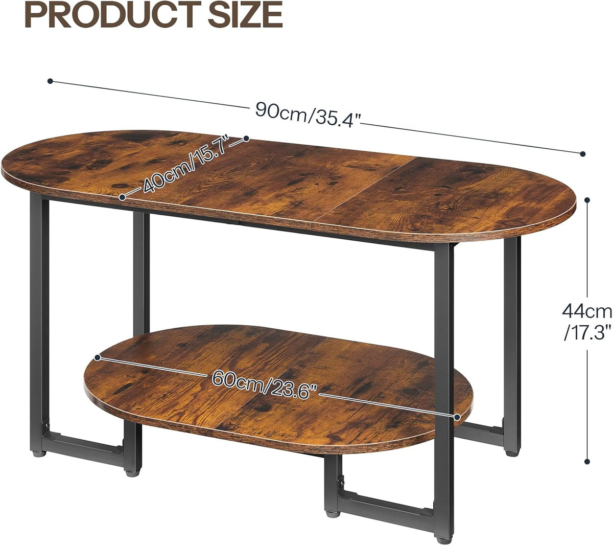 Coffee Table for Living Room, Oval Small Coffee Table with 2-Tier Open Storage Shelf, Industrial Cocktail Tea Table, Wooden Desktop Center Table, Farmhouse, Home Office, Rustic Brown BF09KF01
