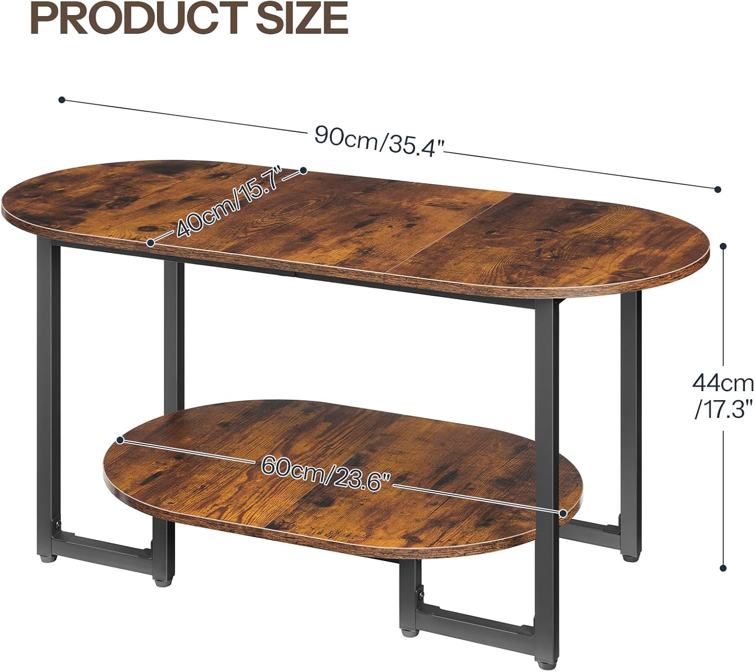 Coffee Table for Living Room, Oval Small Coffee Table with 2-Tier Open Storage Shelf, Industrial Cocktail Tea Table, Wooden Desktop Center Table, Farmhouse, Home Office, Rustic Brown BF09KF01