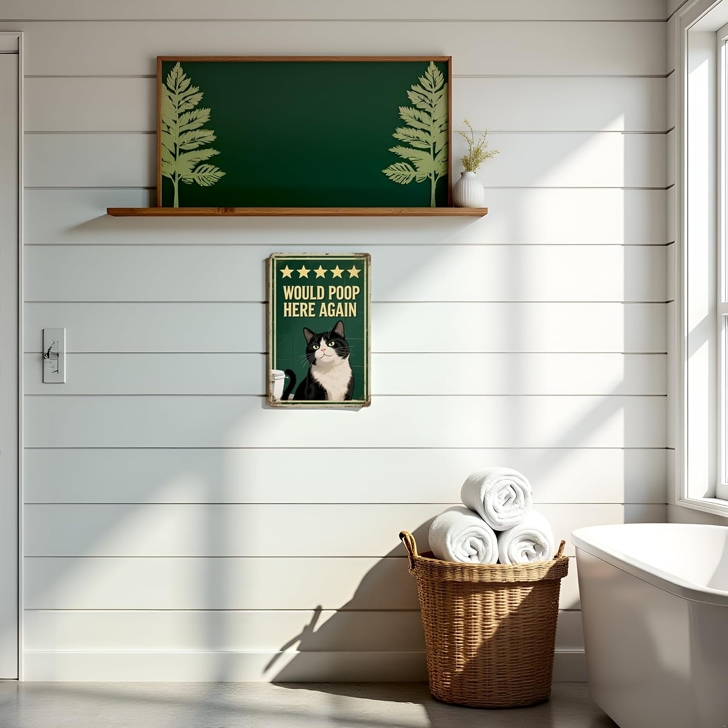 Funny Cat Bathroom Metal Sign – “Would Poop Here Again” Retro Tin Wall Art, 8x12 Inch Vintage Bathroom Decor for Cat Lovers, Restroom, Home, or Bar – Humorous Pet Wall Sign