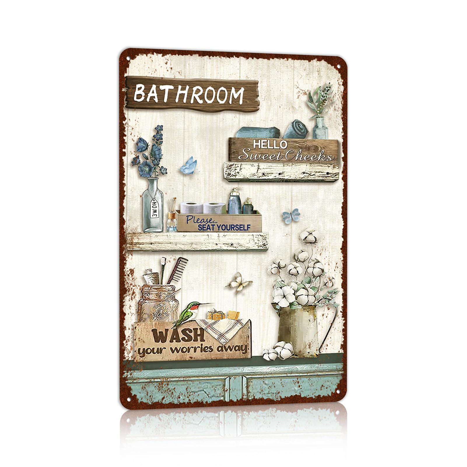 Vintage Farmhouse Bathroom Metal Tin Signs Rustic Flower Country Wall Art Decor 8X12 Inches