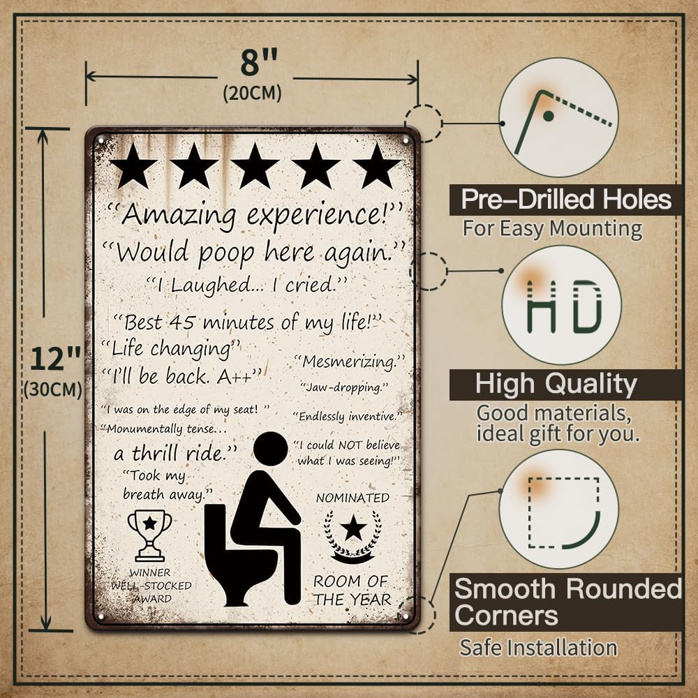 YOYI ART Funny Bathroom Signs Decor - 5 Stars Would Poop Here Again Bathroom Sign, Metal Tin Signs Vintage for Bathroom, Toilet and Farm Restroom Wall Decor Art Accessories, Cool Stuff, 8 x 12 inch