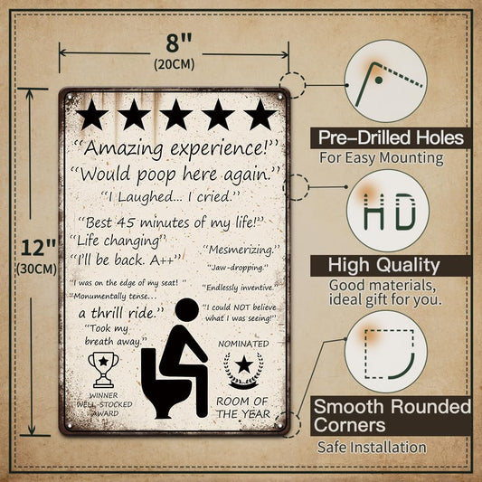 YOYI ART Funny Bathroom Signs Decor - 5 Stars Would Poop Here Again Bathroom Sign, Metal Tin Signs Vintage for Bathroom, Toilet and Farm Restroom Wall Decor Art Accessories, Cool Stuff, 8 x 12 inch