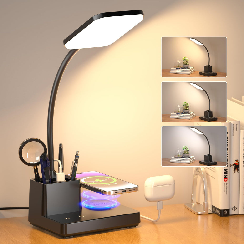 Desk Lamp, LED Desk Lamps for Home Office, Wireless Charger Small Desk Lamp with Pen Holder, 3 Color Modes, Dimmable, CRI 85, 800LM, Study Lamps for College Dorm Room, Adapter Included, Black
