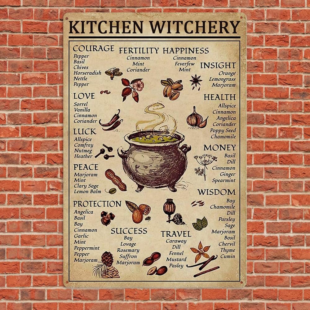 Kitchen Witchery Decor Vintage Metal Tin Sign Kitchen Witchery Signs Witch Knowledge Poster Kitchen Wall Decorations 8X12 inch