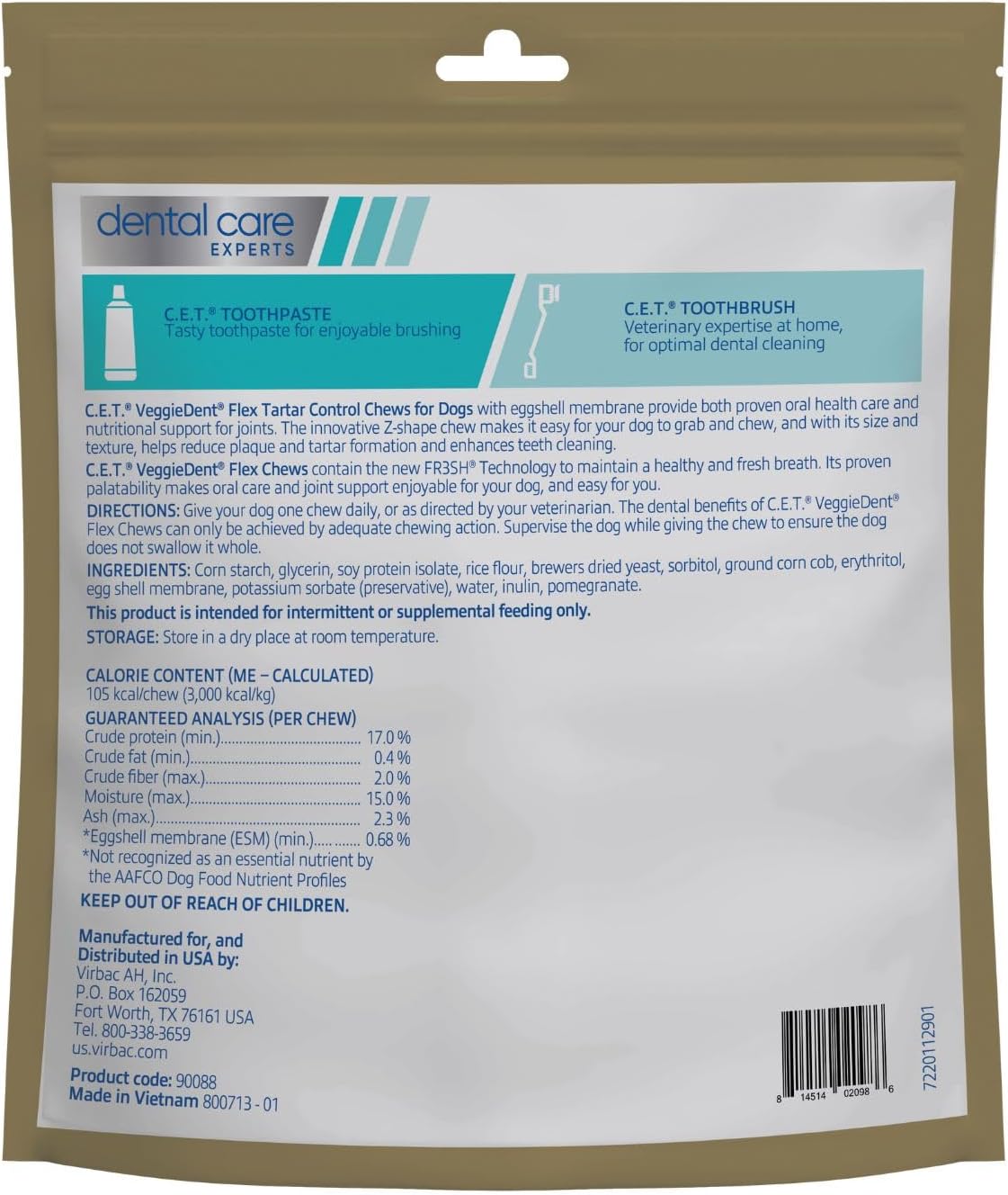Virbac C.E.T.® VEGGIEDENT® Flex Tartar Control Chews for Dogs - Multifunctional to Support Joint Health, VOHC Approved - Large Dogs Over 66lbs