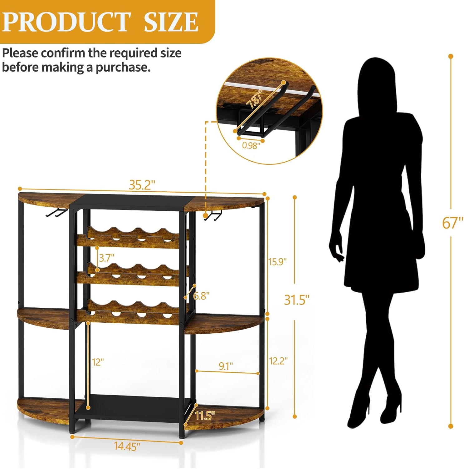 JKsmart Small Wine Bar Cart with LED Lights, Mini Wine Rack with Storage and Glass Holder, Home Bar Cart for Liquor, 3-Tier Bar Table for Kitchen, Dining Room, Living Room, Rustic Brown
