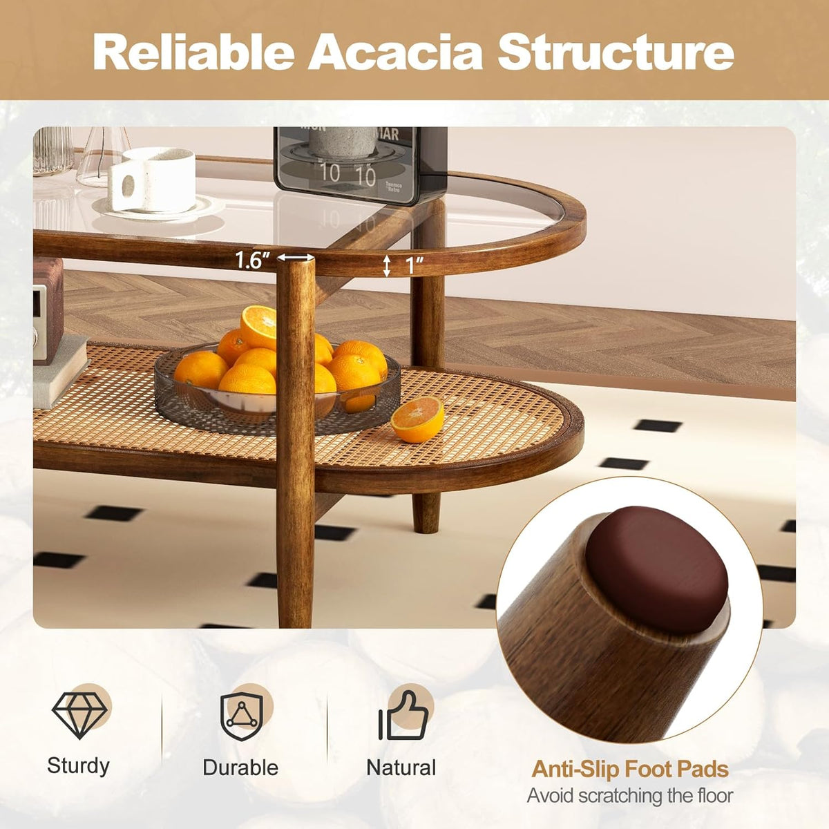 Giantex Rattan Coffee Table, 2-Tier Oval Acacia Wood Tea Table w/Tempered Glass Tabletop & PE Rattan Storage Shelf, Boho Cocktail Tables, Mid Century Modern Center Table for Living Room Office, Brown
