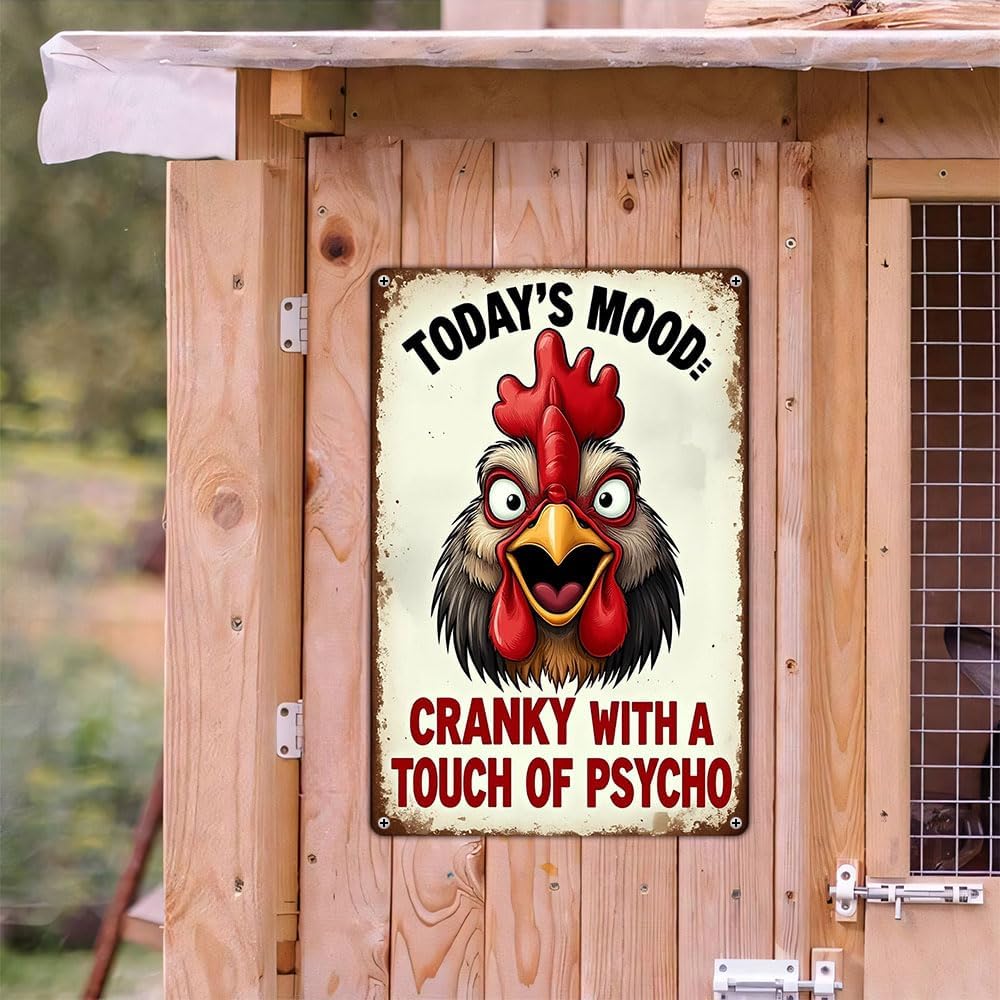 FunnySign Rooster Décor Today's Mood: Cranky With A Touch Of Psycho Rustic Tin Sign For Home Farm Chicken Coop Decor 8x12 Inch (9712)