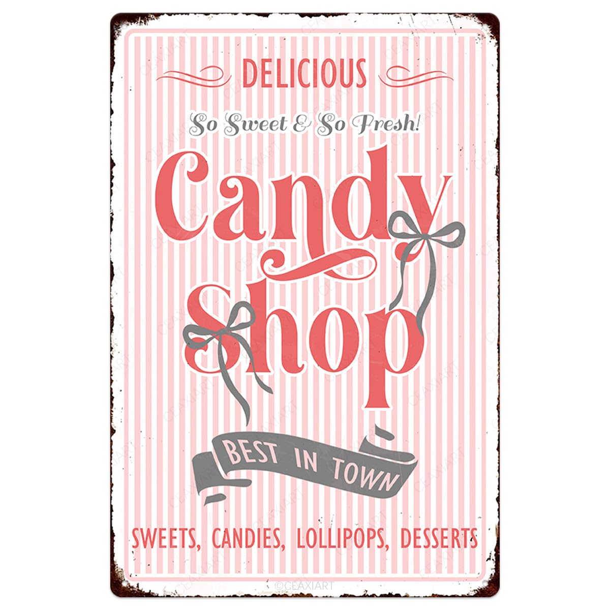 Candy Shop Tin Signs Sweets Candies Lollipops Desserts Store Vintage Poster Metal Sign Art Wall Decor for Home Kitchen Bar Cafe Retro Pink Hanging Plaque 8X12 Inch