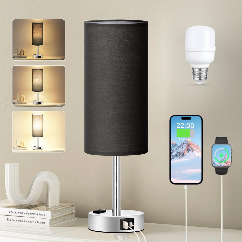 Fenmzee Bedside Table Lamp for Bedroom - 3 Way Dimmable Touch Lamp USB C Charging Ports and AC Outlet, Small Lamp Wood Base Round Flaxen Fabric Shade for Living Room, Desk, LED Bulb Included